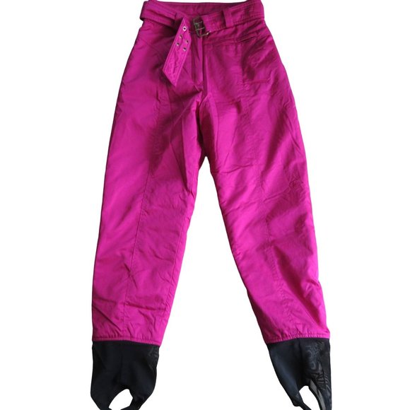 Vintage 80s OSSI Stirrup Ski Pants XS Fuchsia High Rise Belted Pocket Zip - Picture 2 of 15